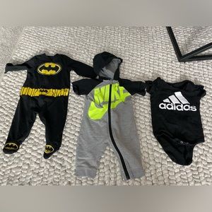 Nike 6/9 months black, Batman 6/9 months black, adidas 12 months black